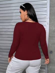 SHEIN EZwear 女款大尺碼圓領純色修身長袖 T 卹 - 酒紅色 - 查看 2