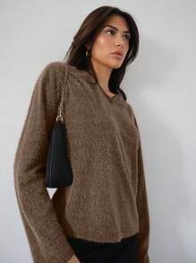 SHEIN Essnce 純色毛絨 T 卹 - 咖啡棕 - 查看 5