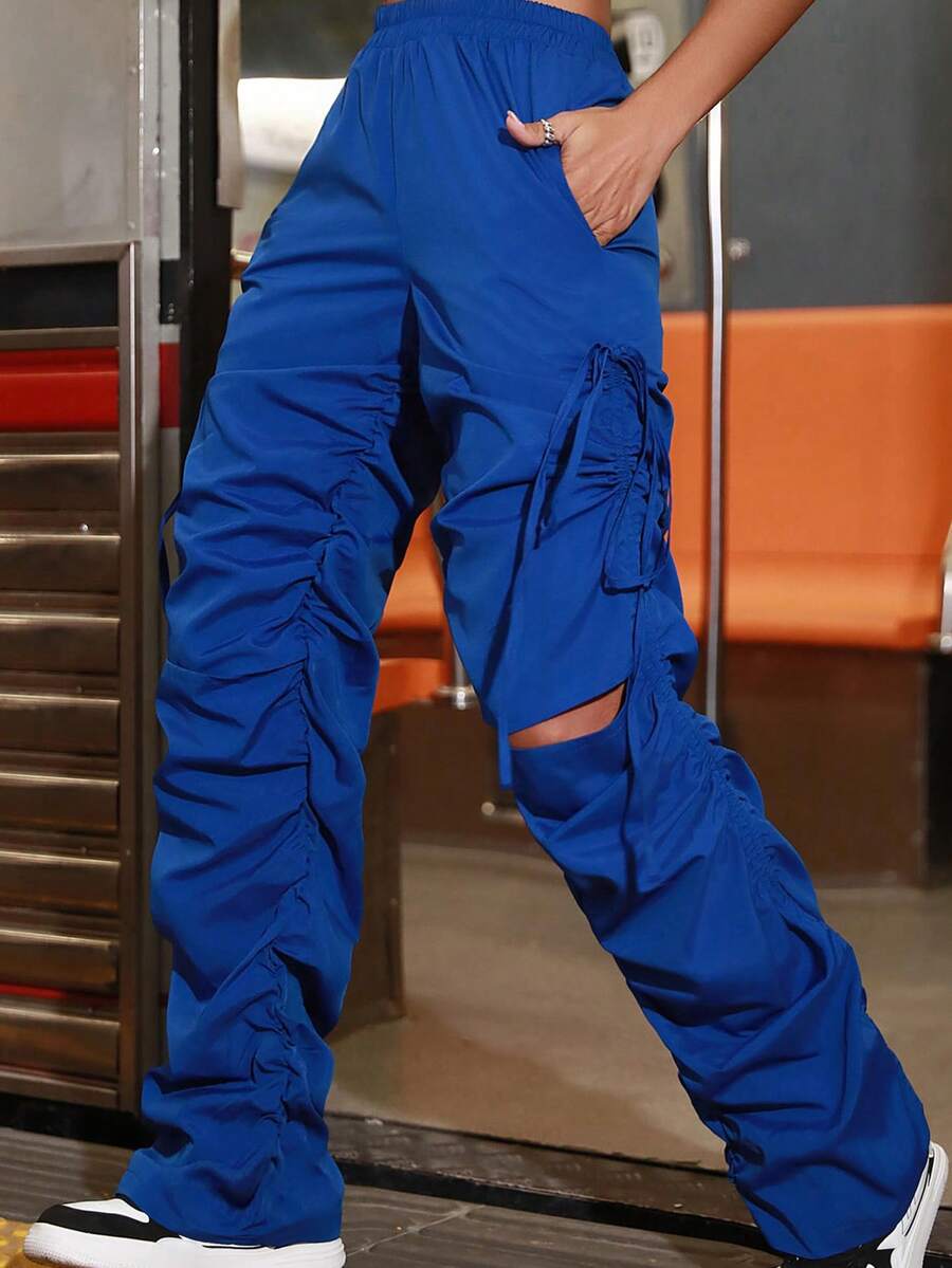 Cut Out Drawstring Ruched Trousers - Royal Blue - View 1