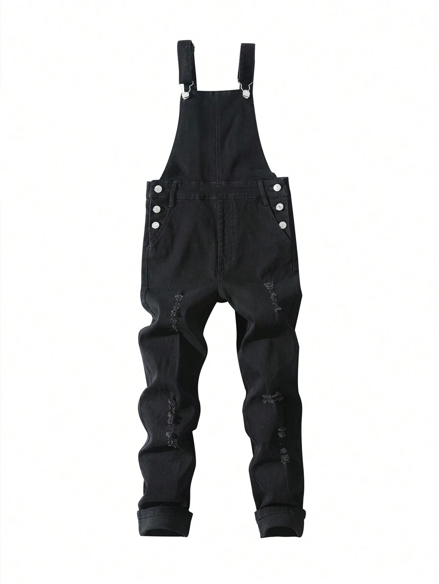SHEIN Explorewe 男大童破洞牛仔背帶褲 - 黑色 - 查看 1