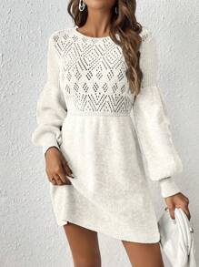 SHEIN Frenchy 女士純色燈籠袖毛衣連衣裙 - 白色 - 查看 4