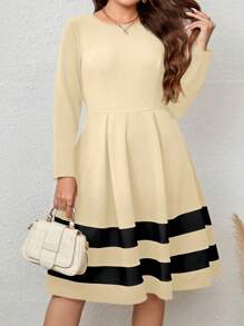 EMERY ROSE Plus Striped Print A-line Dress - Apricot - View 1