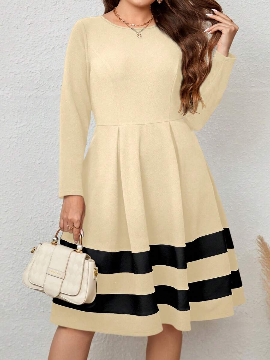 EMERY ROSE Plus Striped Print A-line Dress - Apricot - View 1