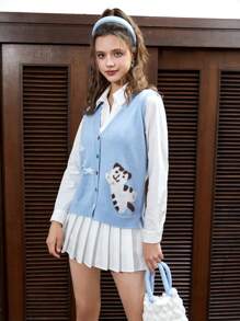 SHEIN EZwear Mô hình Cartoon Nút phía trước Áo len vest Không có áo lót - Màu xanh lam - Xem 5