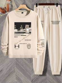 Manfinity Homme Men's Letter Bridge Pattern Sweatshirt And Sweatpants Set - Apricot - View 5