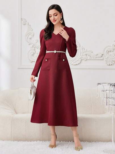 Women's Double Pocket Leg-of-mutton Sleeve Dress