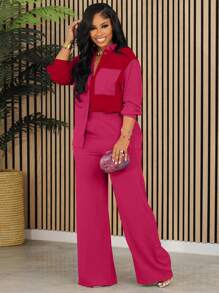 2pcs Contrast Color Collared Casual Elegant Shirt And Solid Color Pants Suit - Hot Pink - View 4