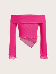SHEIN ICON Off Shoulder Ren Mộc nhĩ Viền không đối xứng Lưới Áo - Màu Hồng Tươi - Xem 2