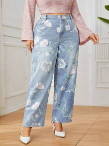 SHEIN Privé Hơn In hoa quần ống rộng Quần jean - Rửa nhẹ - Xem 4