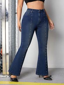 SHEIN ICON Plus Size Denim Flared Pants With Stud Detail - Dark Wash - View 3