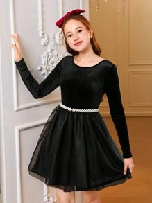 Teen Girl Crisscross Backless Mesh Hem Velvet Dress Without Belt - Black - View 2