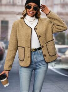 Chiquease 撞色滾邊前紐扣雙口袋毛絨夾克 - 駝色 - 查看 3