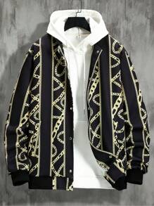 Manfinity 休閒口袋 前紐扣錬條印花 宮廷男士外套 - 黑色 - 查看 7