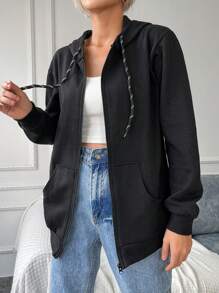 EURMUSE Zip Up Drop Shoulder Drawstring Hoodie - Black - View 1