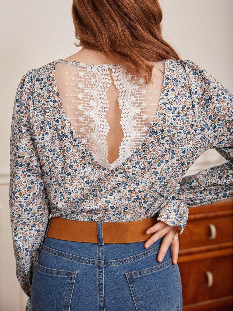 Lace Trim Embroidery Mesh Back Ditsy Floral Blouse Winter Vacation Flower