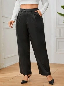 SHEIN Clasi Plus Size Plain Color High Waist Straight Leg Pants Fall Cloth For Women - Black - View 5