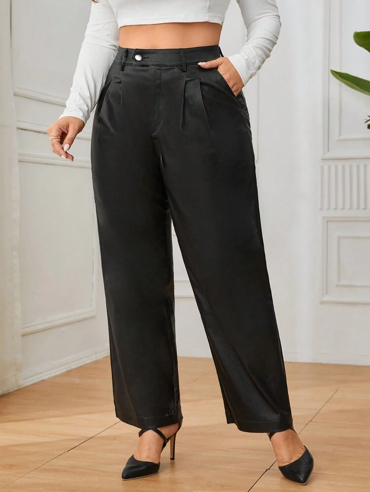 Plus Size Plain Color High Waist Straight Leg Pants Fall Cloth For Women