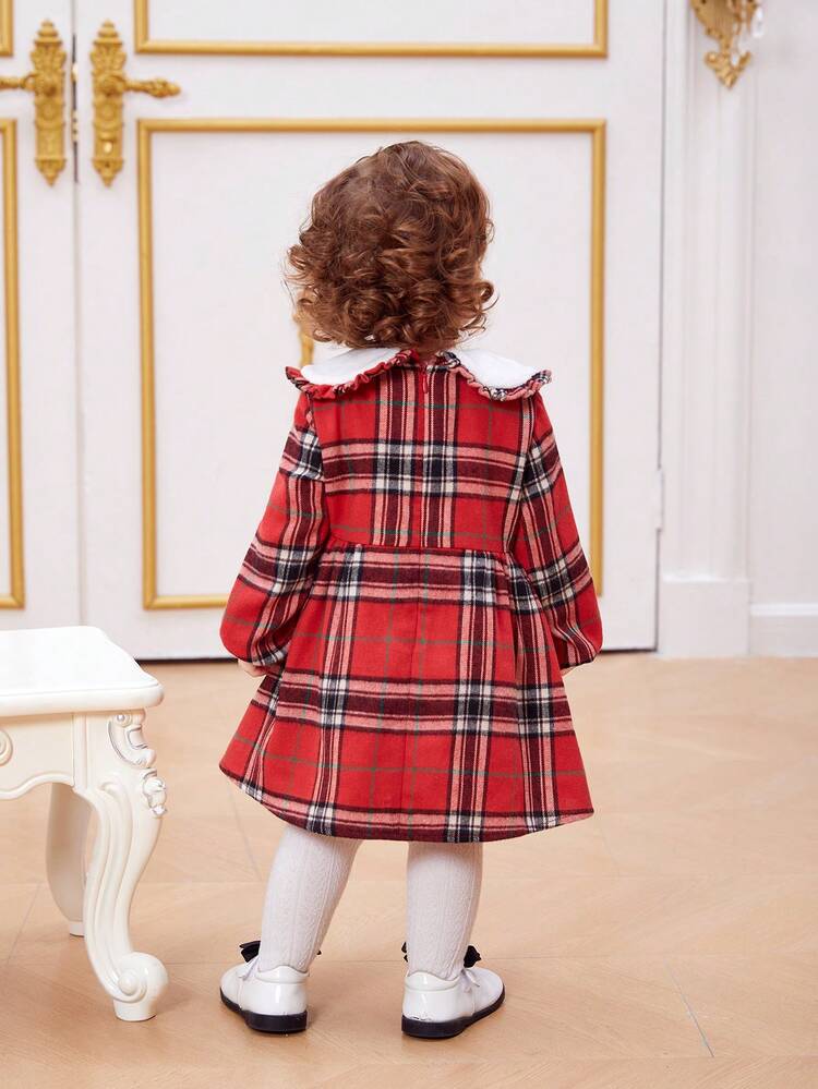 Baby Girls' Peter Pan Collar Plaid Thermal Lined Long Sleeve Dress
