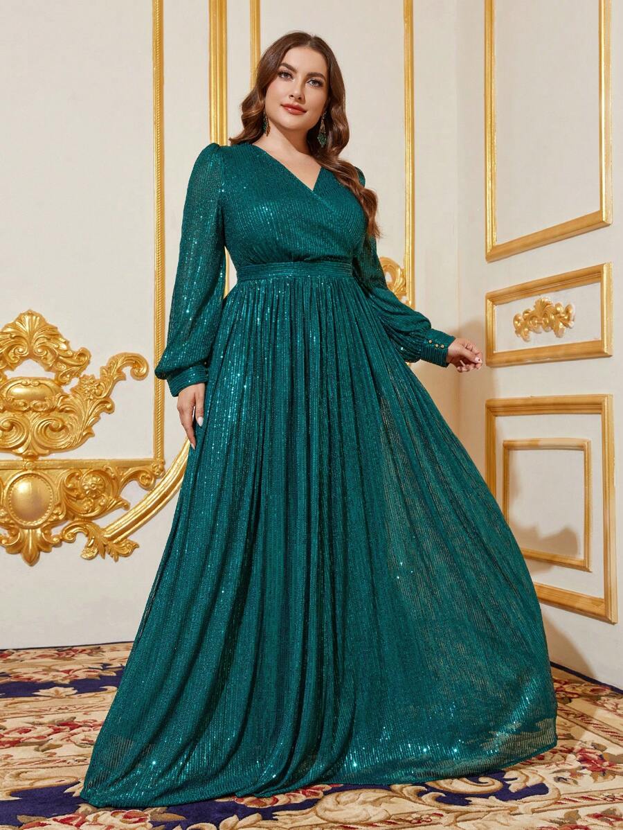 Faeriesty Đầm dạ hội tay đèn lồng cổ tròn đính sequin - Màu xanh lá cây đậm - Xem 1