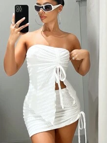 SHEIN x Marika Sila SHEIN ICON Drawstring Front Tube Top & Bodycon Skirt Two Pieces