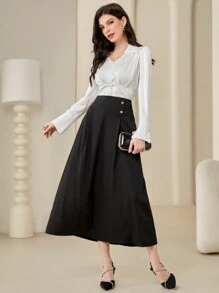 Modelyn Solid Color High Waisted Umbrella Hem Skirt - Black - View 4