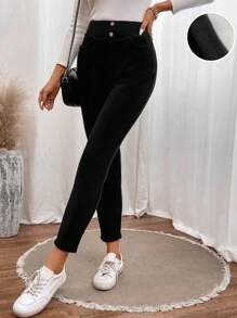 SHEIN LUNE Pantalones Ajustados Con Detalle De Botones - Negro - Ver 3