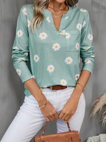 SHEIN LUNE Camiseta Con Bolsillo De Parche Y Estampado De Margaritas - Verde - Ver 1