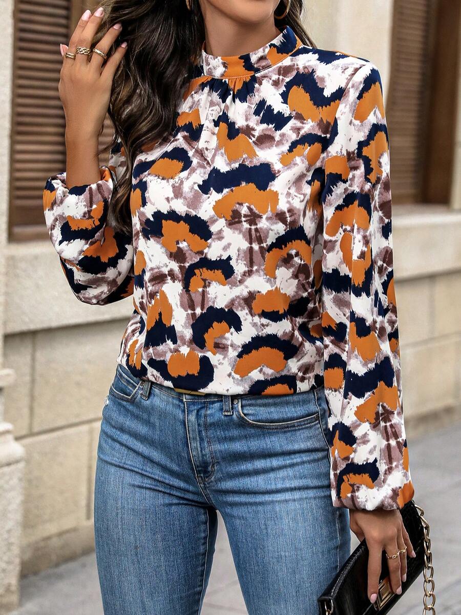 SHEIN Clasi Allover Print Mock Neck Lantern Sleeve Blouse - Orange - View 1