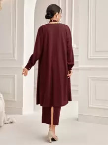 Modelyn Burgundy Red Solid Bodycon Halter Dress & Open Front Coat Without Belt 2 Piece Set - Burgundy - View 2