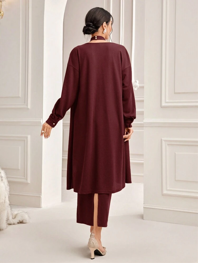 Burgundy Red Solid Bodycon Halter Dress & Open Front Coat Without Belt 2 Piece Set