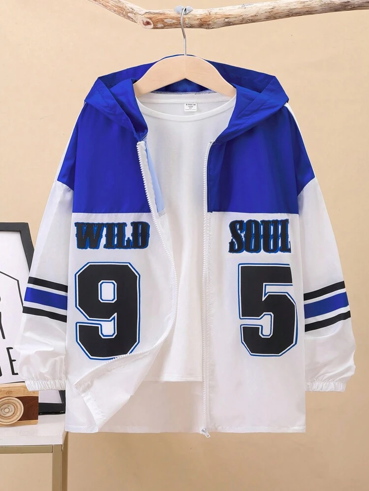 Boys' Casual Loose Digit And Letters Printed Mid-weight Knit Cardigan Hoodie Outerwear