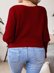 SHEIN Unity Suéter de punto con detalle de envoltorio y mangas abullonadas de estilo de cordero, de punto acanalado y talla grande, para otoño e invierno - Burdeos - Ver 2