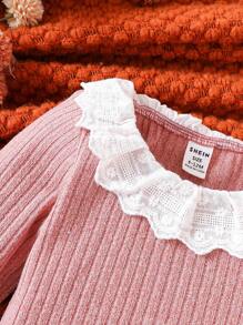 Bebé niña Top con encaje en contraste ribete con fruncido de manga amplia - Rosa - Ver 5