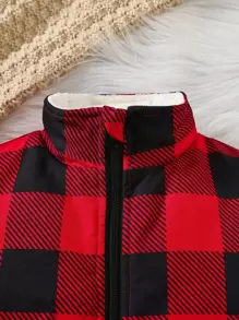 SHEIN Toddler Girls' Grid Pattern Padded Vest Jacket - Red - View 4