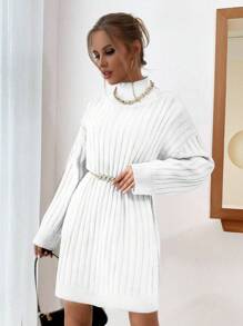 EURMUSE High Neck Drop Shoulder Sweater Dress Without Belt - White - View 7
