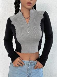 SHEIN Unity Suéter de punto con media cremallera y bloques de color para otoño e invierno - Multicolor - Ver 1