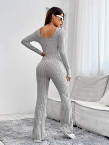 SHEIN PETITE Square Neck Ribbed Knit Flare Leg Jumpsuit - Grey - View 2