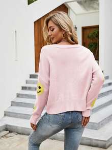 歐美女裝笑臉針織開襟長袖寬鬆針織毛衣外套 - 粉色 - 查看 2