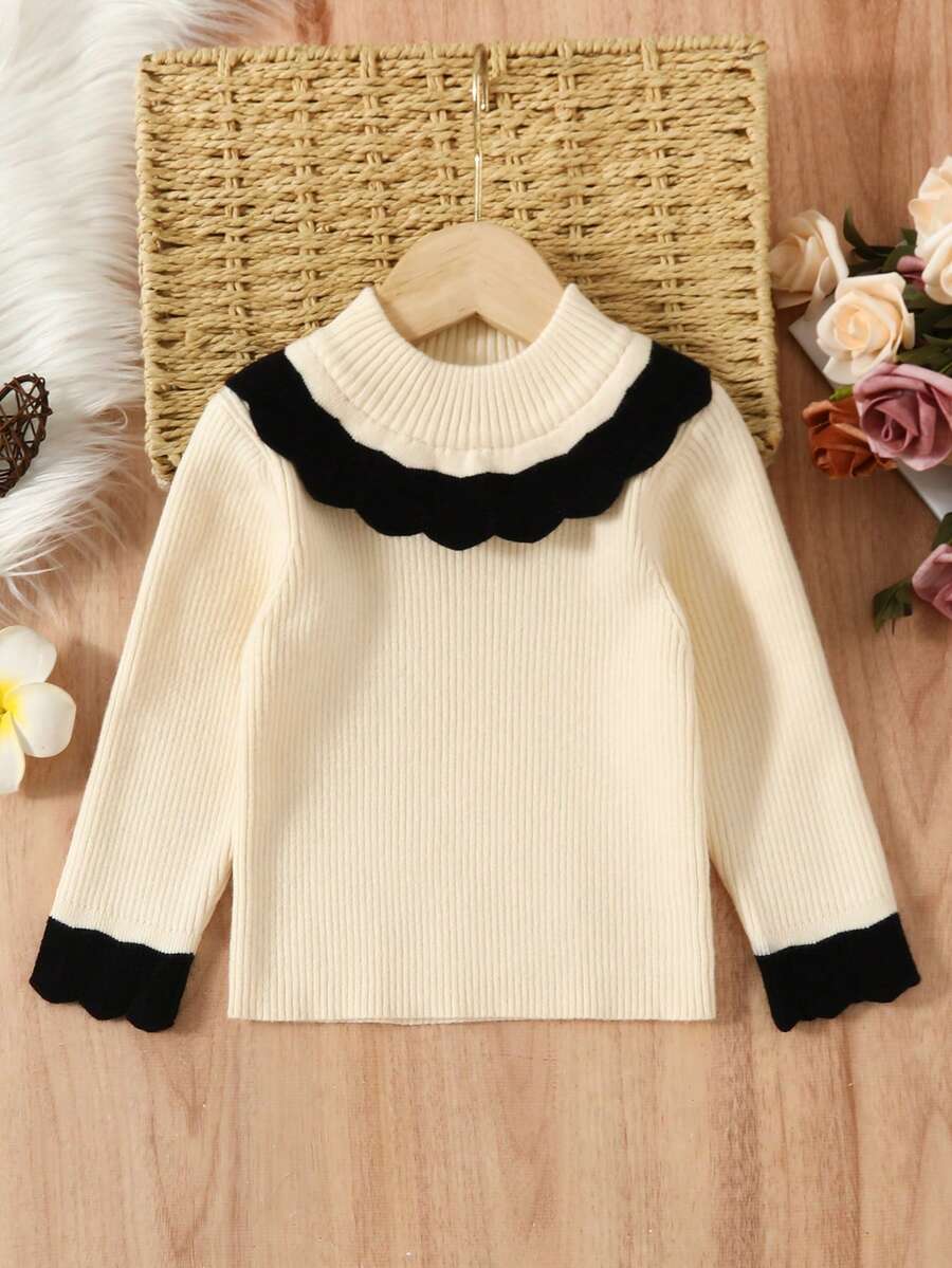 SHEIN Áo len Bé gái Sò điệp Khối Màu - Màu be - Xem 1