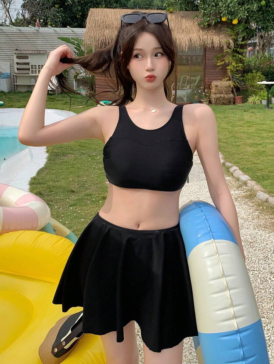 DAZY Solid High Waist Tankini For Summer Beach Vacation - Black - View 1