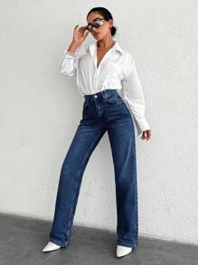 SHEIN Cottnline 100%Cotton Ladies' Zipper Fly Denim Jeans - Dark Wash - View 6