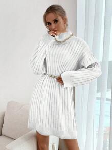 EURMUSE High Neck Drop Shoulder Sweater Dress Without Belt - White - View 4