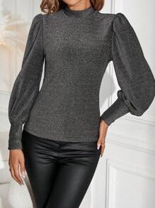 SHEIN Clasi Long lanh Tay áo lồng đèn Của phụ nữ Áo - màu đen - Xem 4