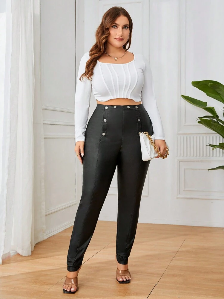 Plus Size Plain Color High Waist Skinny Pants Fall Cloth For Women