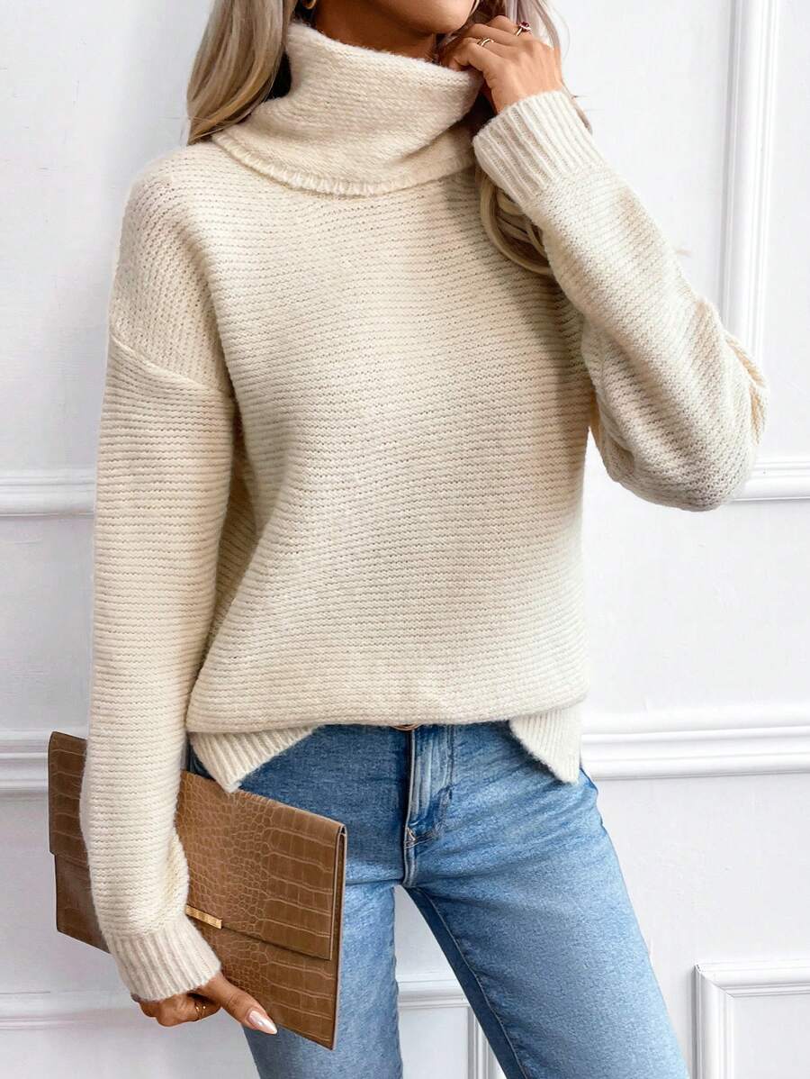 SHEIN Essnce Áo cao cổ Thả vai Áo len - Màu be - Xem 1