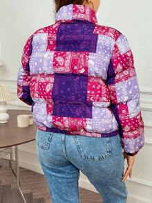 Calvaya Plus Paisley Scarf Print Zip Up Padded Padded Coat Clothes Winter - Purple - View 2