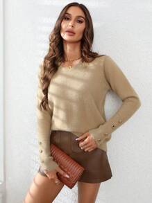 GENKIRA Suéter de punto acanalado con detalle de botones para otoño e invierno - Caqui - Ver 3