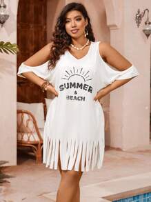 SHEIN Swim Curve 大碼露空設計流蘇邊遮陽衣連字母印花圖案 - 白色 - 查看 3