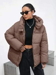 SHEIN Essnce 女士纯色拉链领连帽休闲加厚棉服外套，冬季服装 - 卡其色 - 查看 6