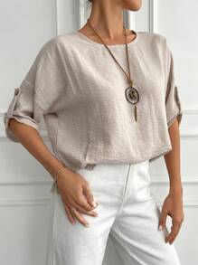 EURMUSE Solid Roll Up Sleeve Blouse - Apricot - View 3